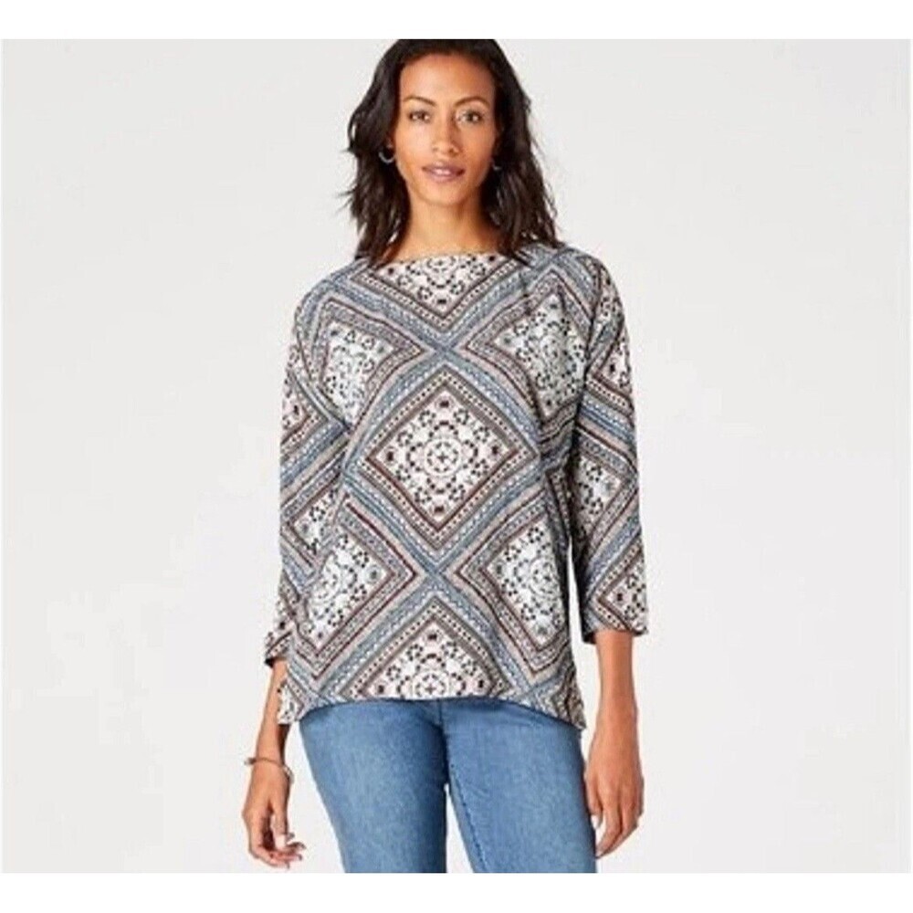 J. Jill Womens printed Boho Blouse 3/4 Sleeve Rayon Top Size Large Medallion